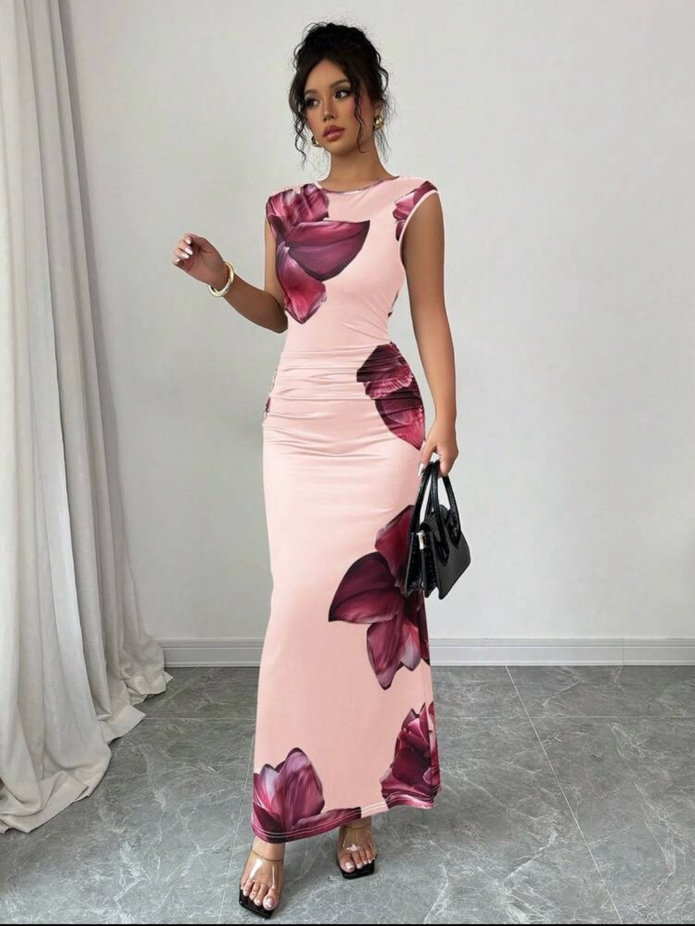 Sleeveless Pink Floral Maxi Dress with Burgundy Petals